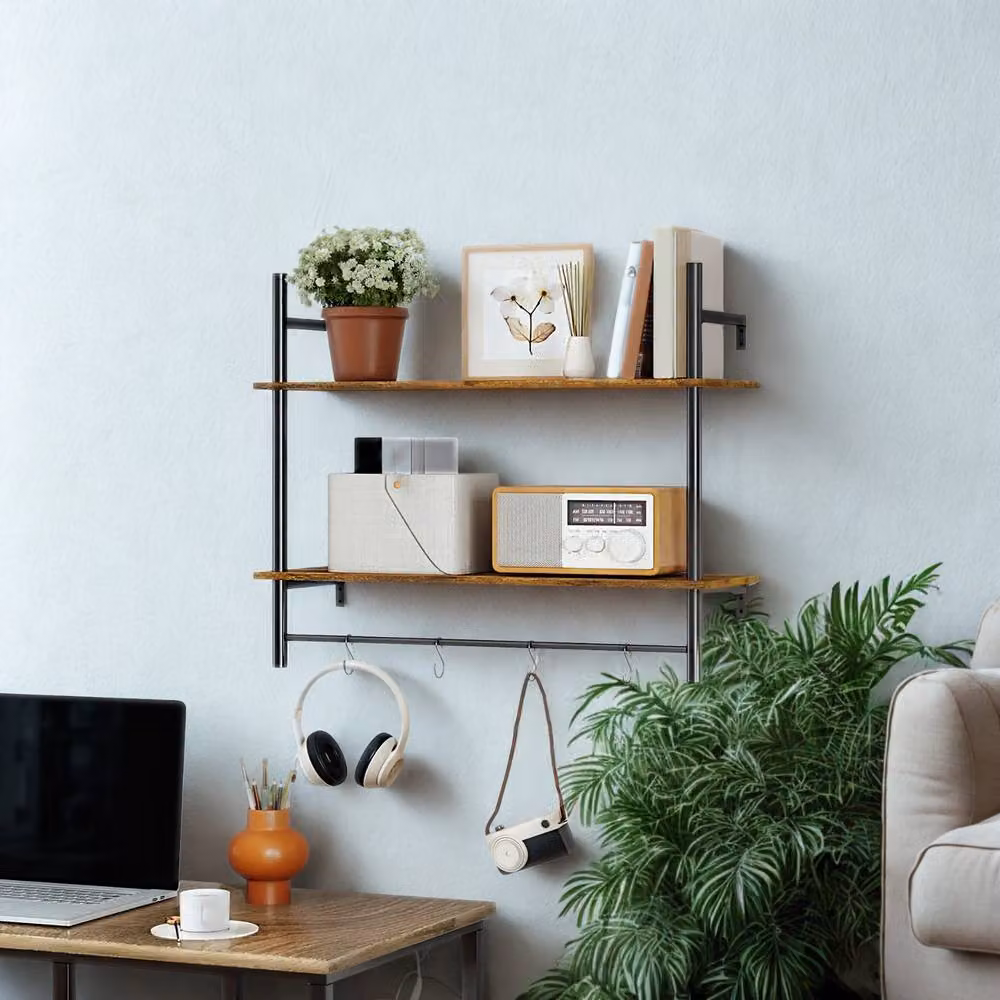 FURNOS 2 Tier Wall Mounted Floating Shelf with Hanging Rail and Hooks, Brown, W: 65 cm, H: 24 cm, D: 8 cm – 2