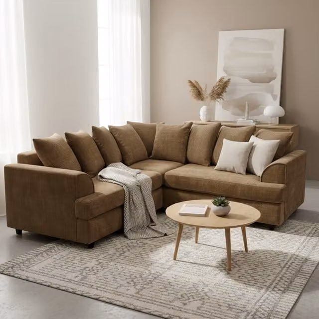 Abakus Direct Ferguson Left-Facing L-Shape Corner Sofa in Brown Chenille Fabric with Deep Seats and Scatter Cushions