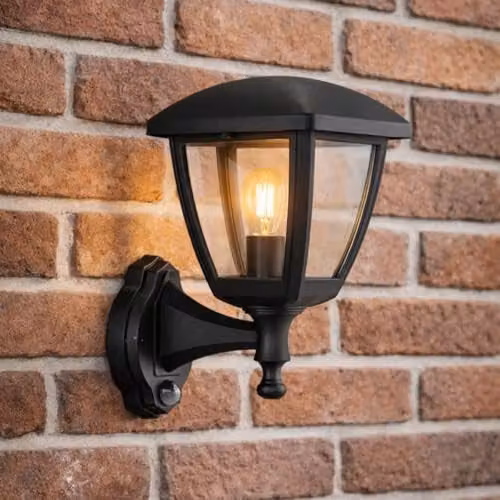 CGC Lighting Black Outdoor Wall Lantern with PIR Motion Sensor and Transparent Diffuser, IP44 Weatherproof Classic Design