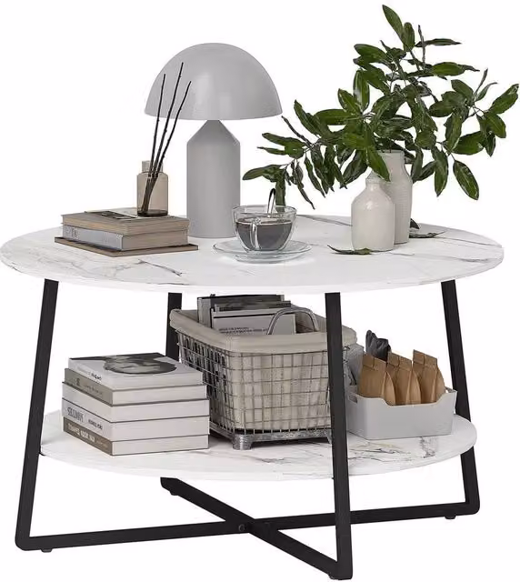 NESTLUNE Round Coffee Table with Marble Effect Top and Storage Shelf, White, W/D/H: 100 x 60 x 45 cm