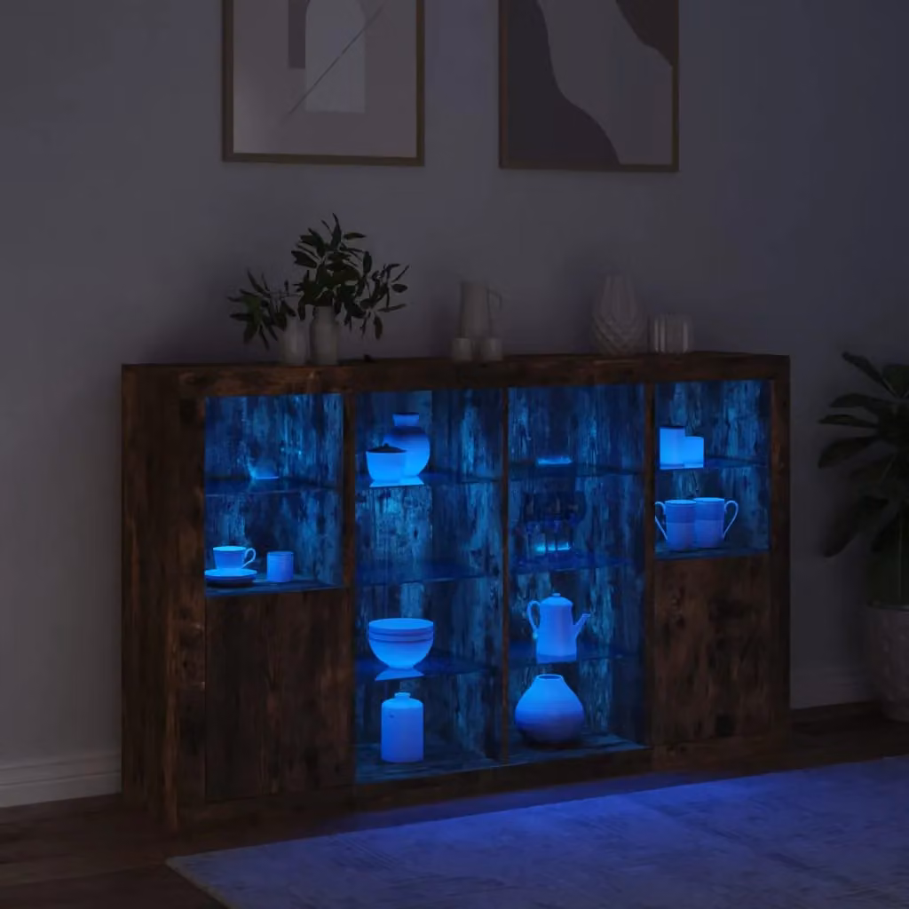 Berkfield Home Set of 3 Modern Smoked Oak Sideboards with Integrated LED Lighting in Brown – 3