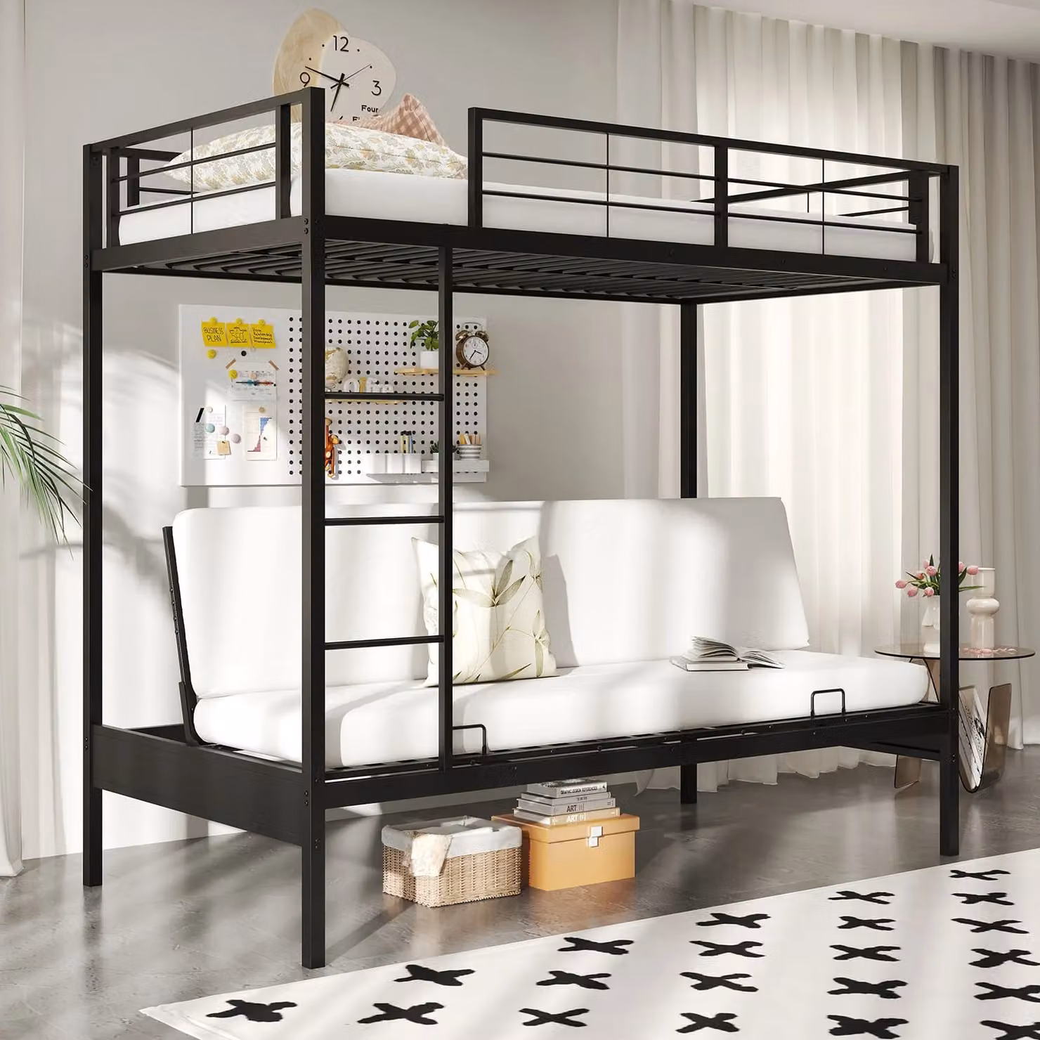 Gymax Single Over Futon Bunk Bed with Ladder and Bedside Shelf, Black – 6