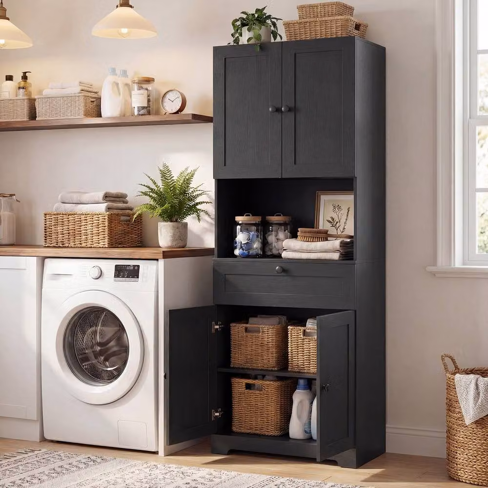Costway Modern Black Wooden Bathroom Cabinet with 4 Doors and 1 Drawer – 6