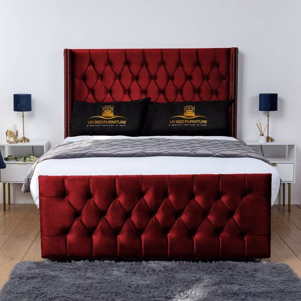 UK Bed Furniture Emily Wingback Divan Bed with 2 Foot End Drawers and 54 Inch Headboard in Red Velvet, Size: 200 x 200 cm – 2
