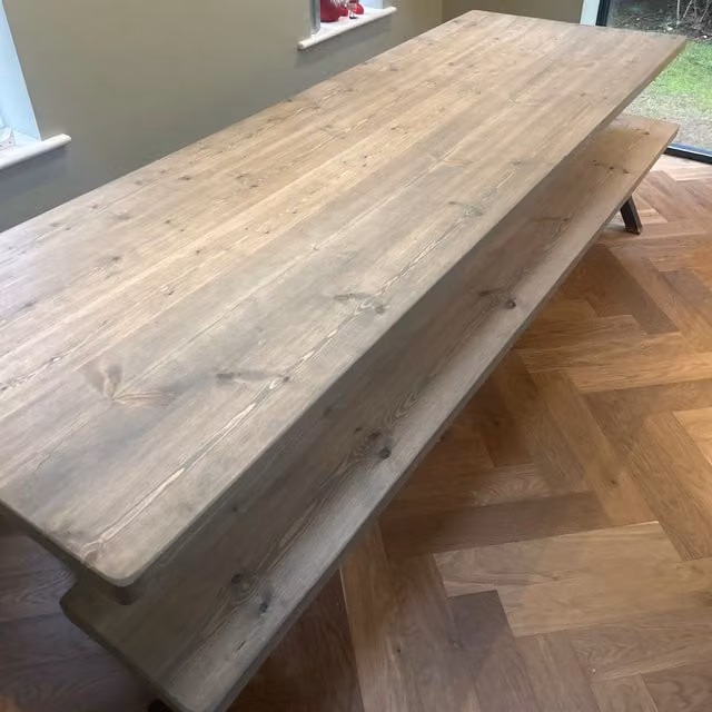 TRL Handmade Furniture Rustic Wood Dining Table and Benches in Grey Wash and Brown