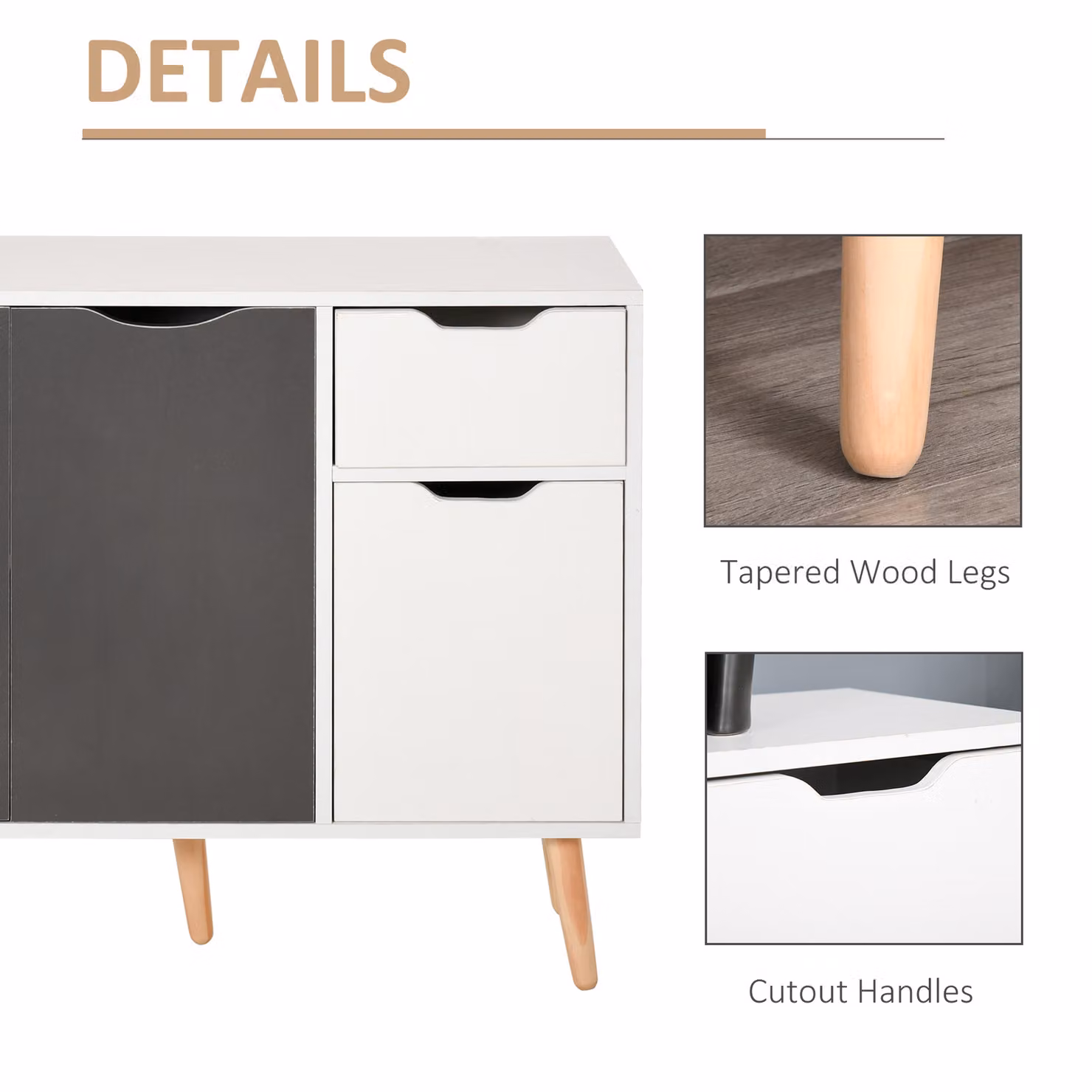 HOMCOM Scandinavian Style Sideboard Floor Standing Storage Cabinet with Drawer in Grey and White – 5