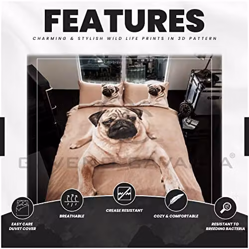 Gaveno Cavailia Wildlife 3D Pug Dog Bed Set with Duvet Cover and Pillowcase, Multicolour, W: 140 cm, L: 200 cm – 3