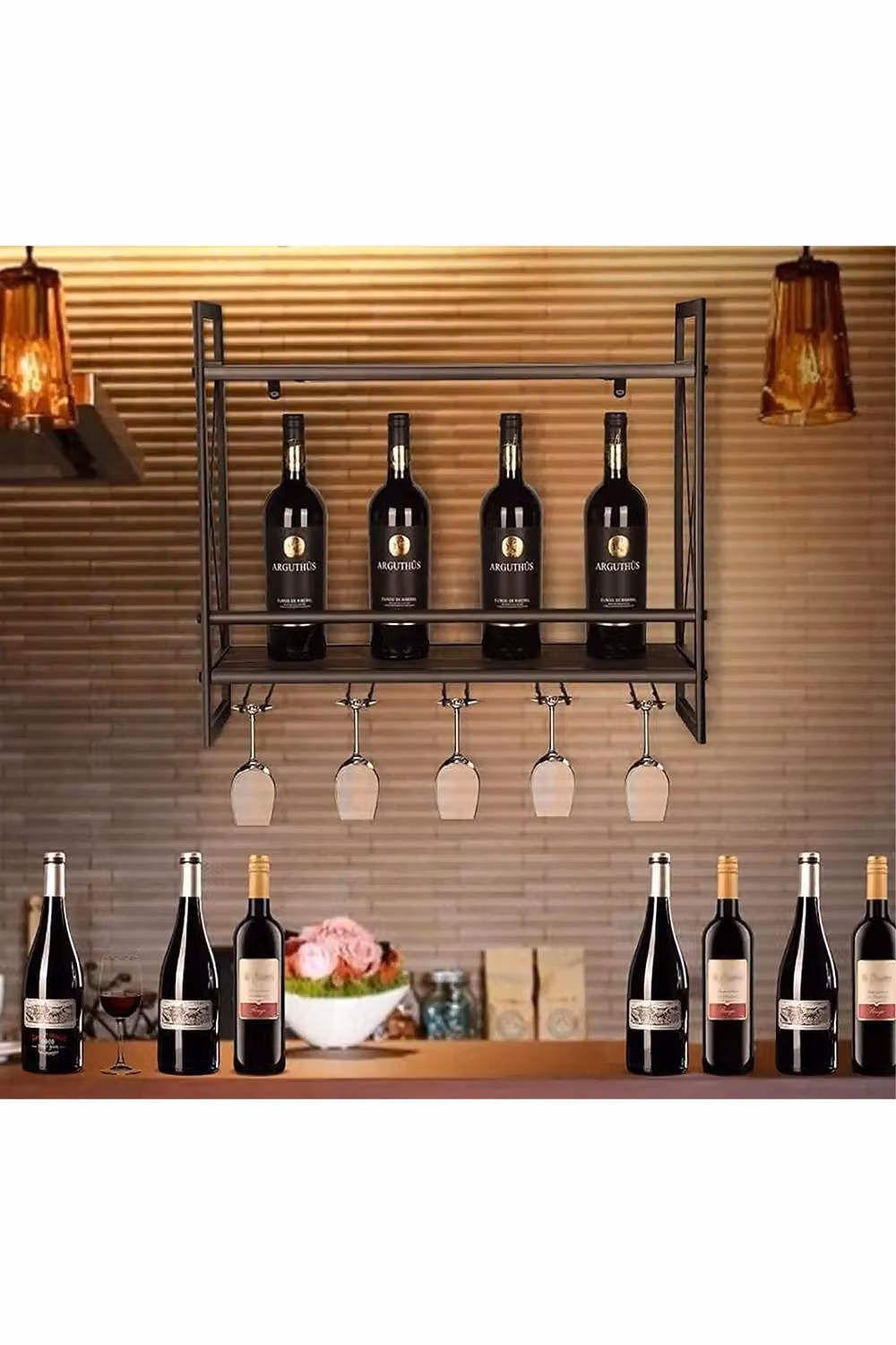 Living and Home 2-Tier Brown Wall-Mounted Industrial Wine Storage Rack with 5 Glass Holders – 3