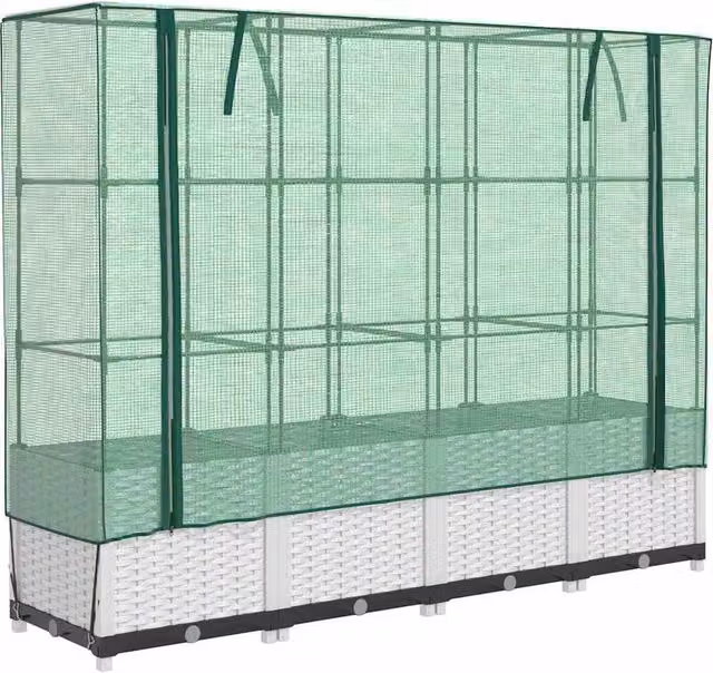 Berkfield Home Raised Bed with Greenhouse Cover in White Rattan Look, W/D/H: 160 x 40 x 138 cm