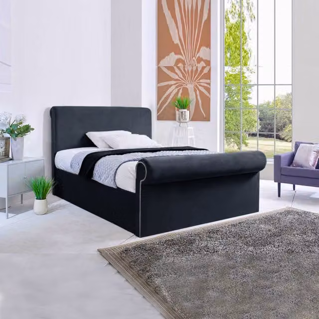 Desire Deco Super Sleigh Bed Frame in Grey Velvet, W/D/H: 120 x 200 cm