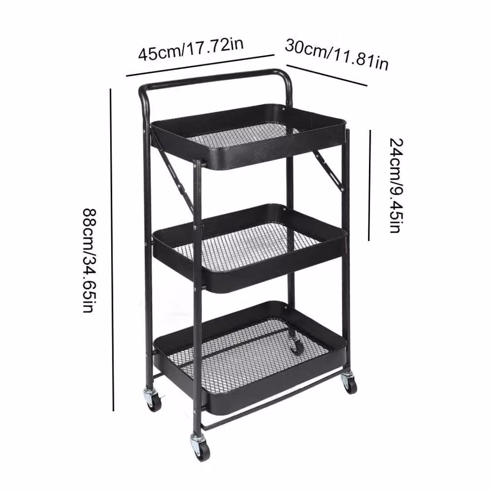 EONLION Black 3 Tier Metal Folding Trolley Cart Rolling Storage Rack W: 50 cm, D: 20 cm, H: 50 cm – 2