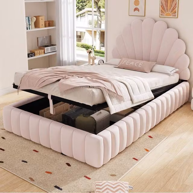 Matteo Pink Velvet Princess Single Bed with Shell Headboard and Ottoman Storage W/D/H: 90 x 190 cm