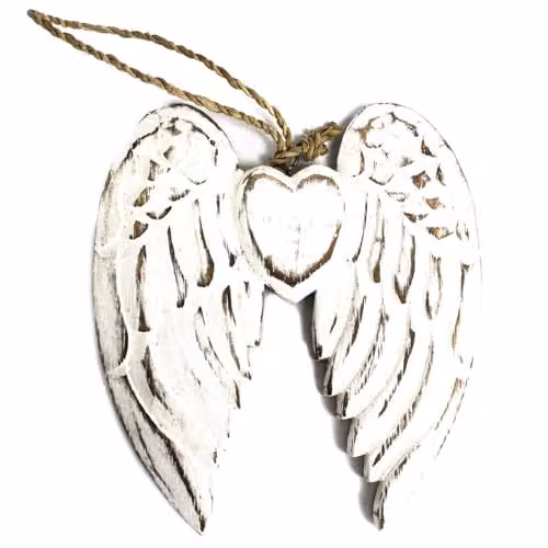 KDMD Handcrafted Vintage White Wooden Angel Wing and Heart Figure, Height: 14 cm – 1
