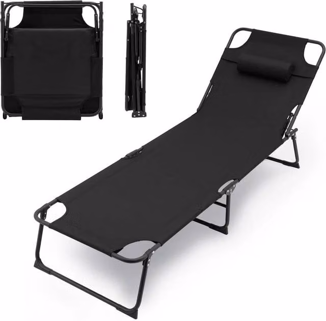 SPETLEK Portable Folding Camping Bed Lounger in Black with Adjustable Headrest and Powder Coated Steel Frame – 1