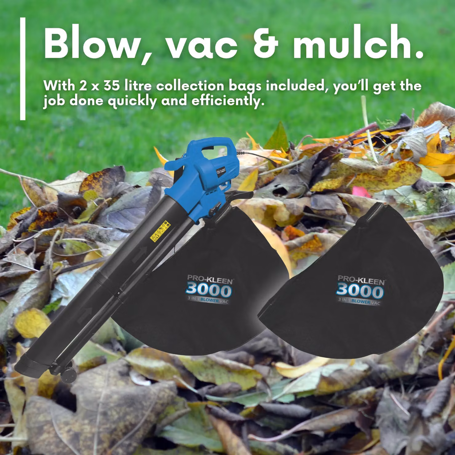 Pro-Kleen Corded Leaf Blower and Vacuum Shredder Mulcher with 2 x 35L Bags in Black and Blue – 3