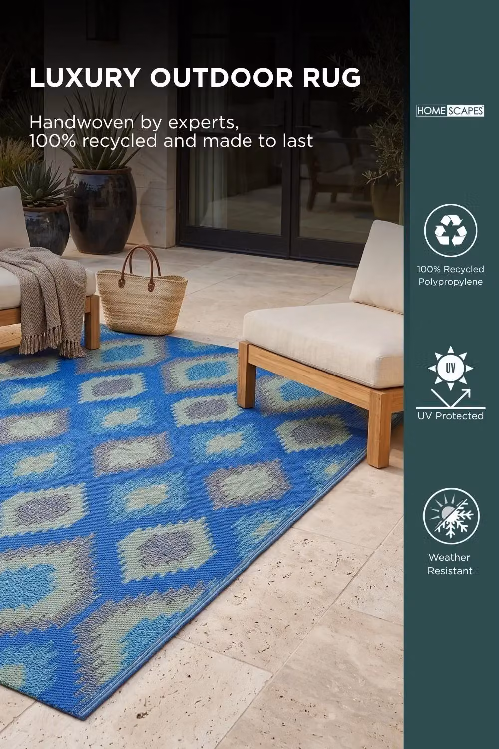 Homescapes Luxury Outdoor Rug in Blue and Green Ikat, W/D/H: 150 x 240 cm – 2