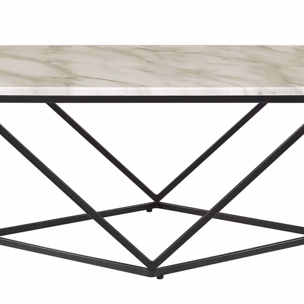 Wyld and Coco Beige Marble Effect Square Coffee Table with Black Geometric Metal Base – 2