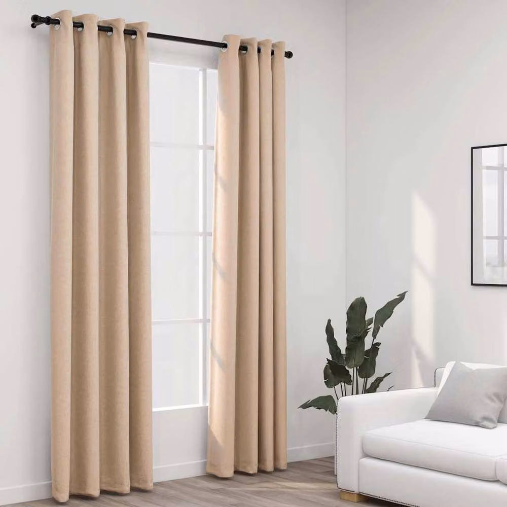 Berkfield Home Linen-Look Blackout Eyelet Curtains, 2 Pack, Beige, W: 140 cm, H: 225 cm – 2