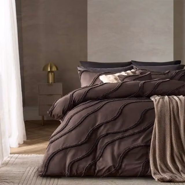 OHS Brown Tufted Contour Bedding Set with Duvet Cover and Pillowcase, W: 140 cm, L: 200 cm