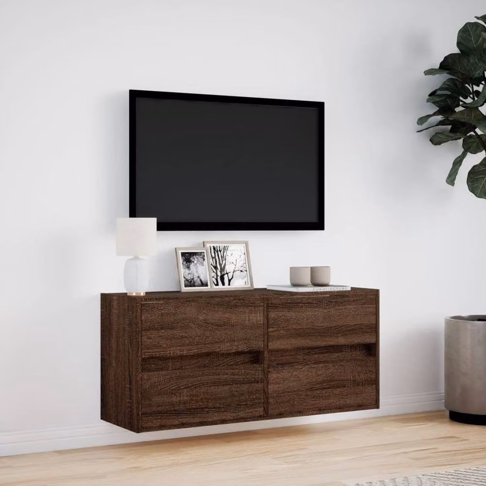 Berkfield Home Modern TV Wall Cabinet with LED Lights in Brown Oak, W: 100 cm, D: 31 cm, H: 45 cm – 3