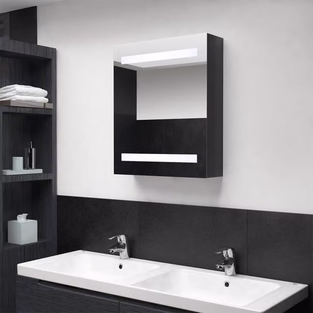 Berkfield Home LED Bathroom Mirror Cabinet in Shining Black, W: 50 cm, D: 14 cm, H: 60 cm
