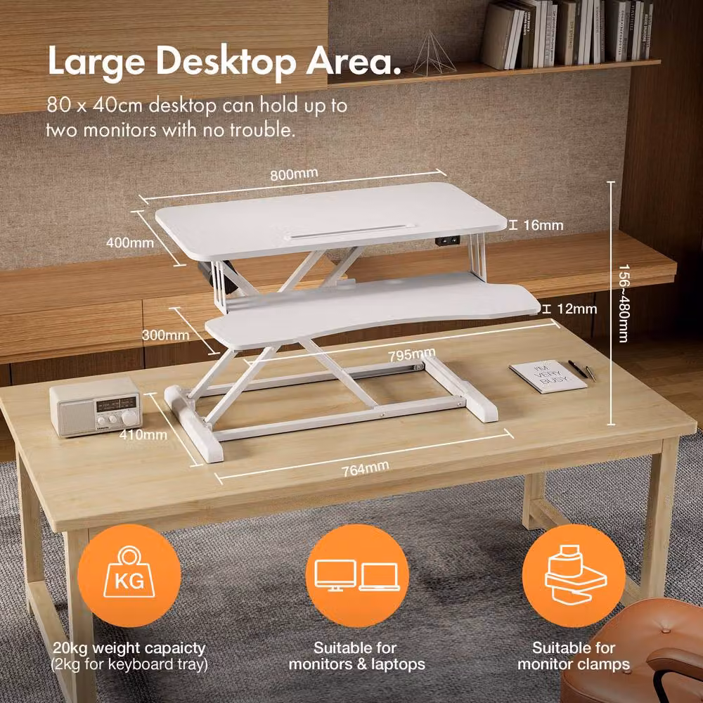 VonHaus Height Adjustable Two Tier Electric Desk Converter with Keyboard Shelf in White – 2