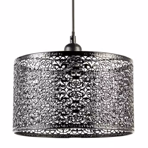 Happy Homewares Ornate Moroccan Style Black Metal Circular Pendant Lamp Shade, W: 25 cm, H: 15 cm