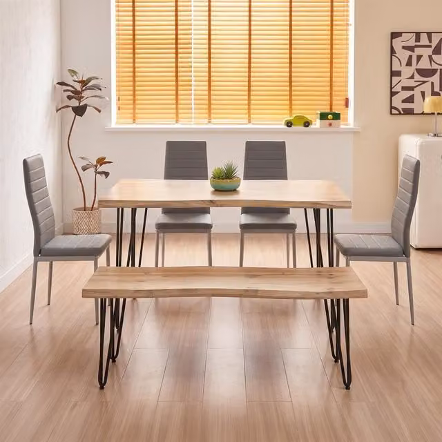 KOSY KOALA Rustic Wood Dining Set with Rectangular Table, Bench and 4 Grey Chairs in Brown – 1