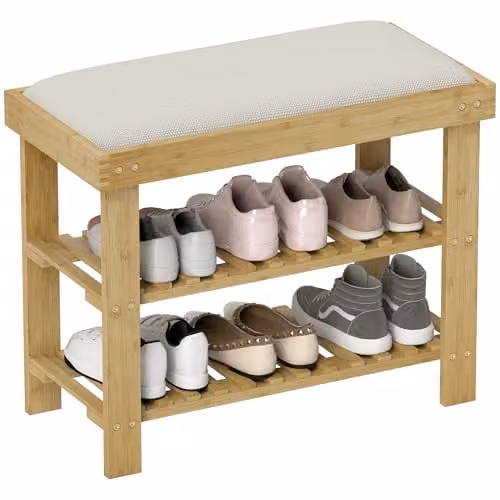 HOMCOM 3-Tier Bamboo Shoe Storage Bench with Upholstered Seat, White and Beige, W/D/H: 120 x 29 x 49 cm