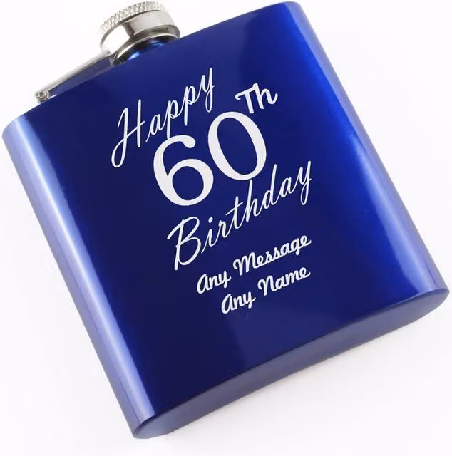 Uniqueful Personalised Blue Stainless Steel 6oz Hip Flask for a 60th Birthday Friend
