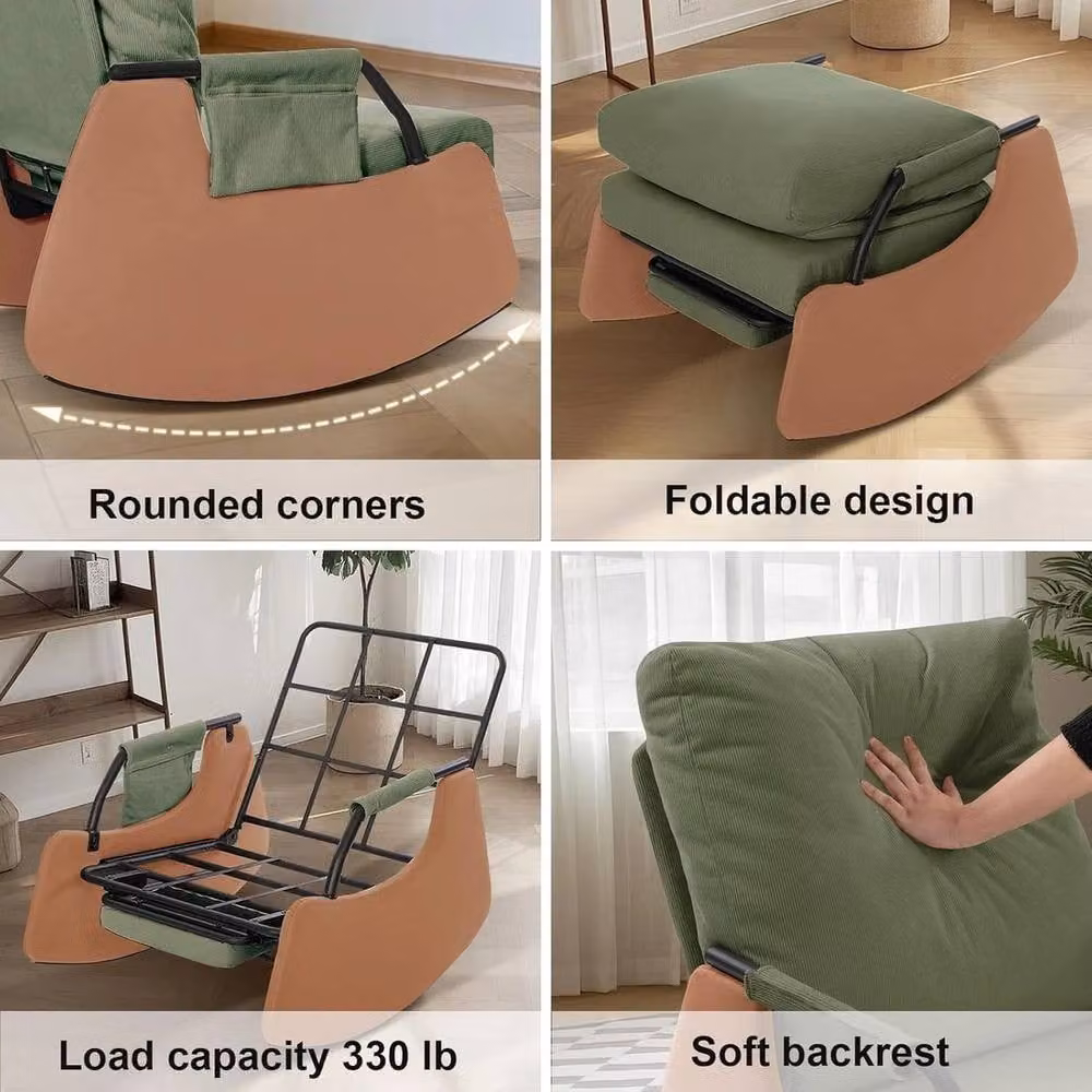 VOGREX Upholstered Soft Nursery Rocking Chair with Footrest and Armrests in Green – 6