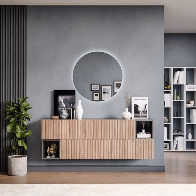 Decorotika Namur Wall Mounted Minimalist Entertainment Center in Black with Alina Pattern and LED Lighting