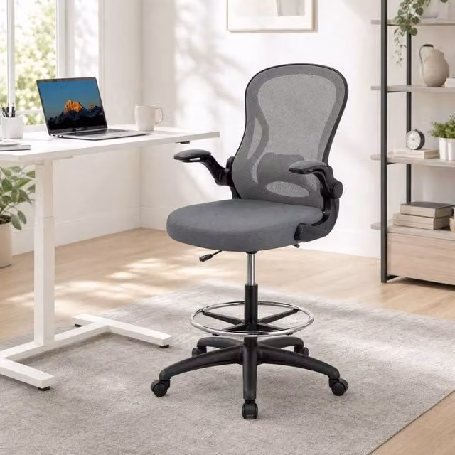 STILVORA Grey Fabric Draughtsman Chair with Flip-up Armrests and Foot Ring