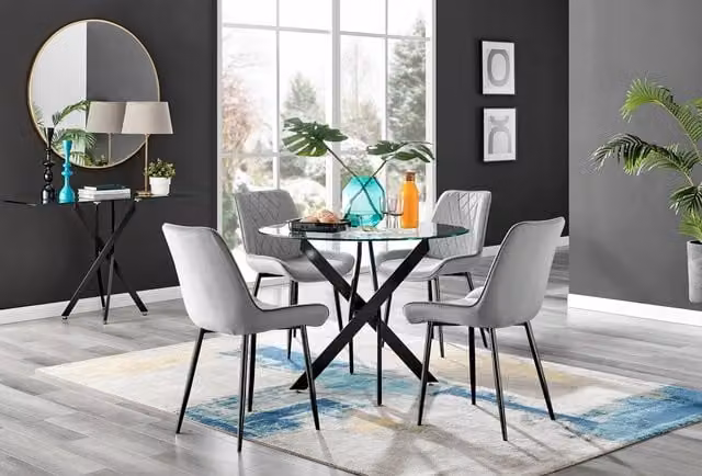 FurnitureboxUK Novara Round Glass Dining Table and 4 Pesaro Grey Velvet Chairs with Black Legs – 1
