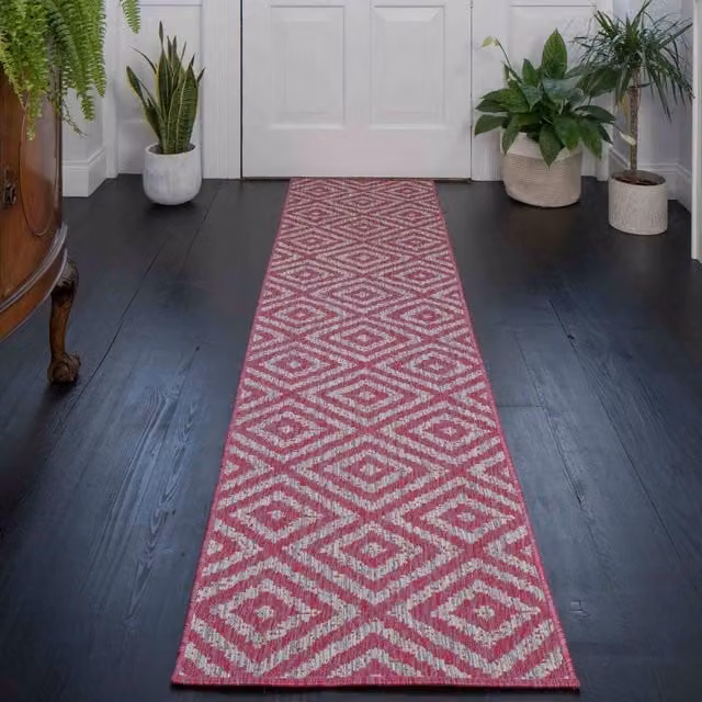 The Rug House Pink and Grey Diamond Geometric Flatweave Indoor Outdoor Rug, W: 240 cm, D: 60 cm