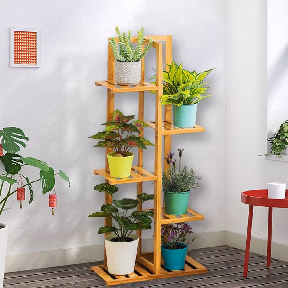 Kelvenix 5 Tier Wooden Plant Pot Stand Holder in Brown and Beige, H 103.0 cm x W 45.0 cm x D 22.0 cm – 2