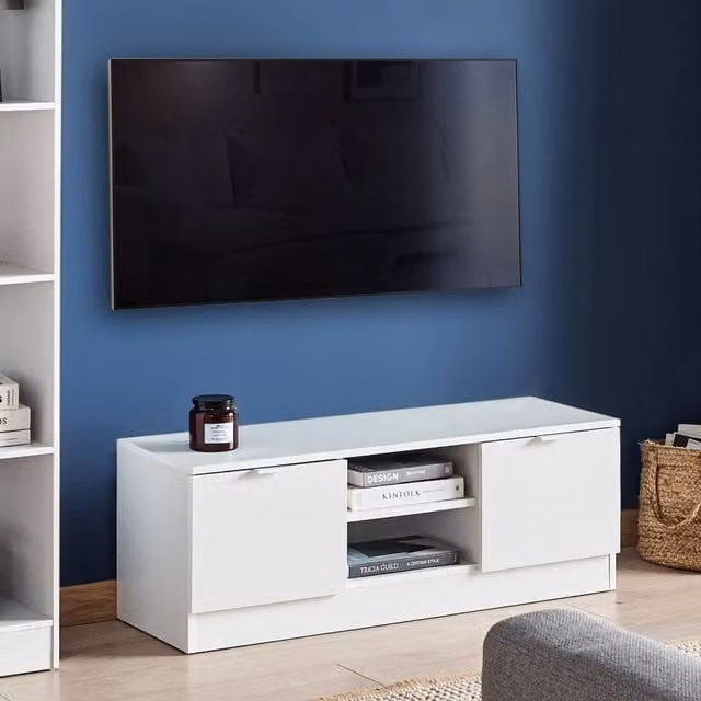 Wyld and Coco Nordic White TV Stand with 2 Drawers and Open Shelves, Width: 102 cm