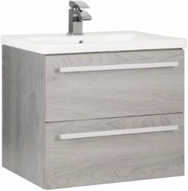 Clifton Silver Oak Light Grey 2 Drawer Wall Hung Bathroom Unit with Ceramic Basin, Width: 60 cm