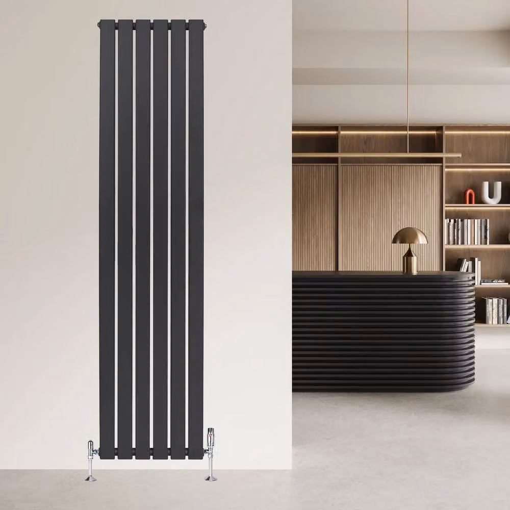 Monstershop Flat Single Column Steel Radiator with Integrated Valves and Thermostat Head, Anthracite Grey, H: 180 cm, W: 42 cm – 9