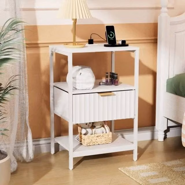 FORGEVIO Wood Bedside Table with Charging Station and 1 Drawer in White
