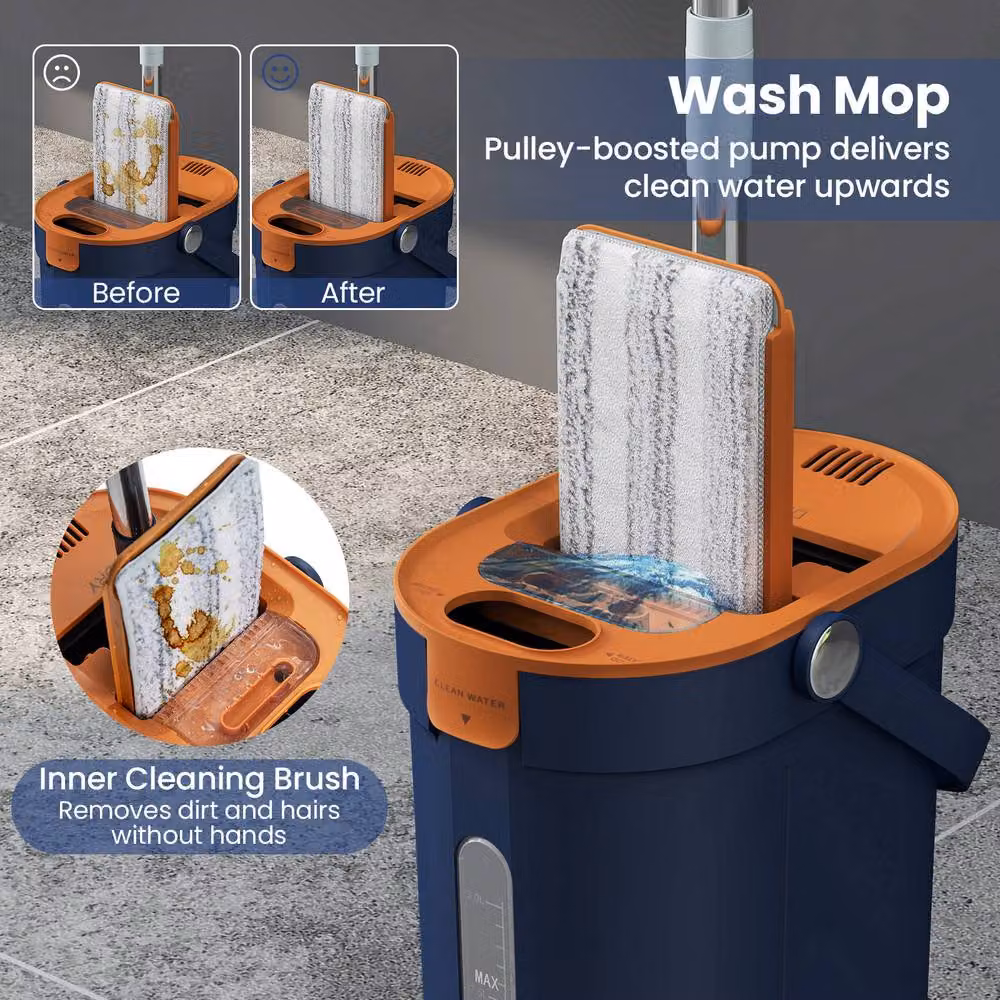 Costway Flat Mop and Bucket Set with 3-Tank Floor Cleaning System, Blue, includes 8 Microfibre Pads – 3