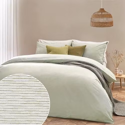 Riva Home Striped 100% Cotton Duvet Cover Set in Green and Beige, 200 x 200 cm
