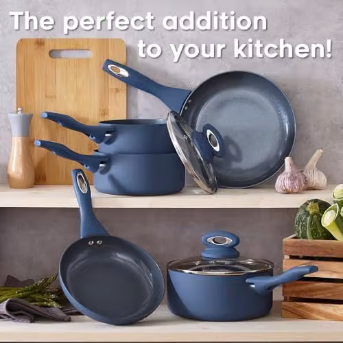 Cermalon 5-Piece Ceramic Cookware Set in Blue with Grey Accents, including Frying Pans and Saucepans with Lids – 5