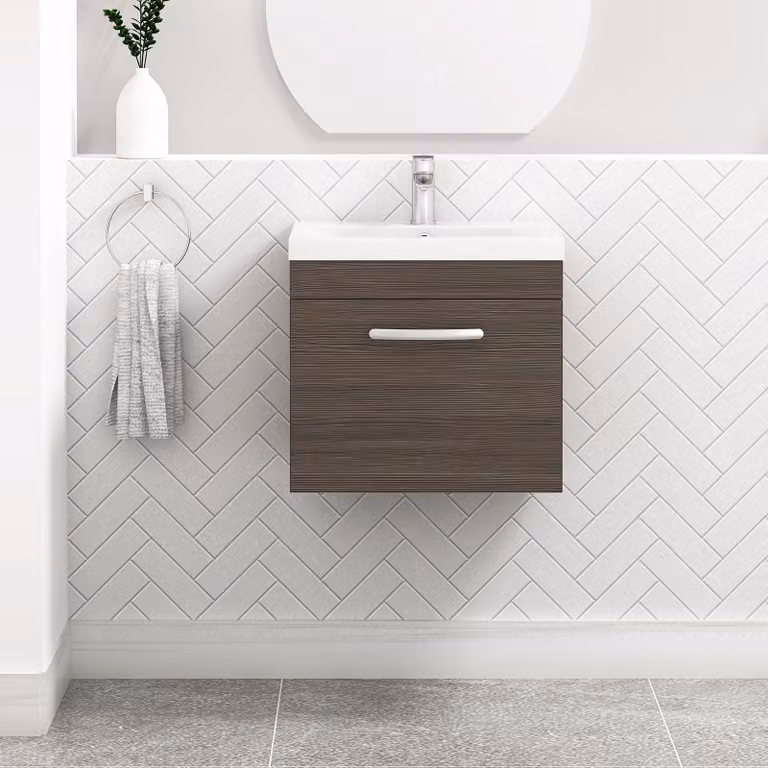 Royal Bathrooms Turin Grey Elm Wall Hung 1 Drawer Vanity Unit with Mid-Edge Basin