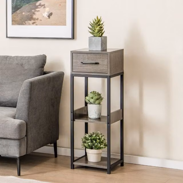 Costway 3-Tier Metal Indoor Plant Stand with Drawer and Vertical Corner Display Shelf in Grey