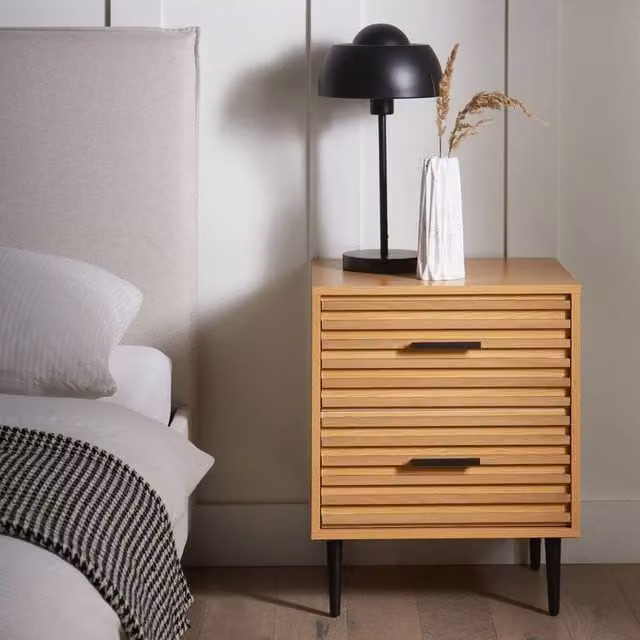 Wyld and Coco Mid-Century Bedside Table in Light Brown with 2 Drawers and Iron Legs