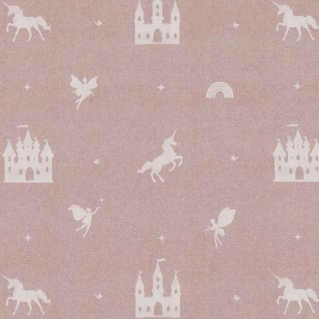 ANTE DECOR Pink Cotton Fabric with Castles and Unicorns Print