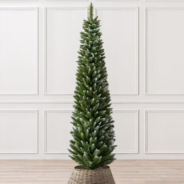 Christow Slim Artificial Snow Frosted Corner Pencil Christmas Spruce Tree in Green – 1