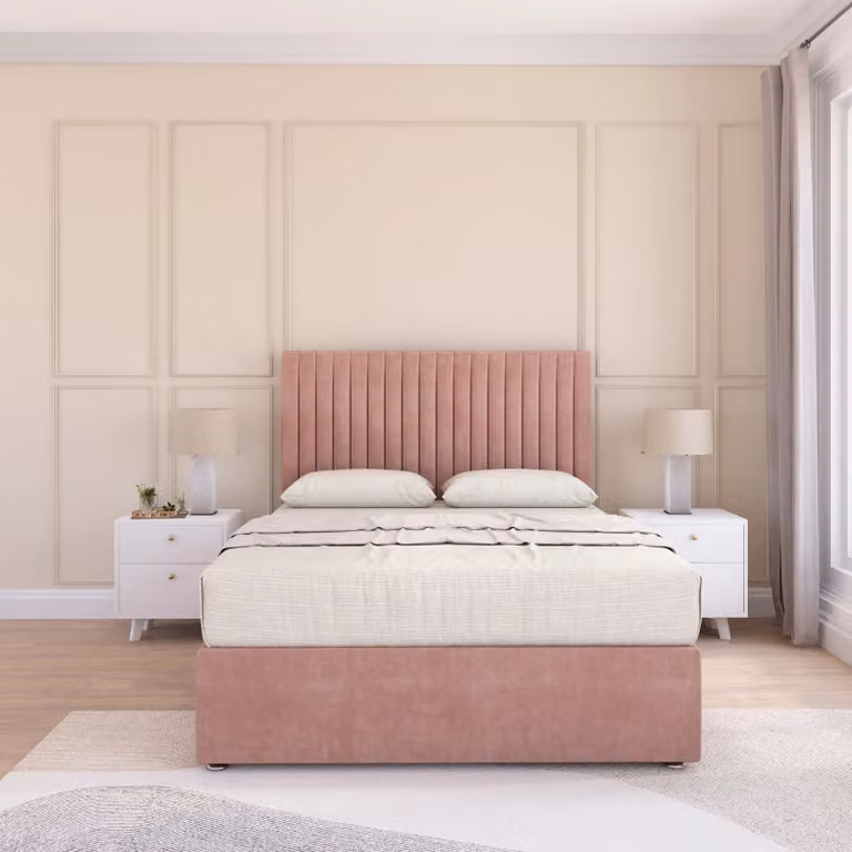 Sloomy Manhattan Pink Velvet Upholstered Super King Divan Bed Base and Floor Standing Headboard W/D/H: 200 x 200 cm