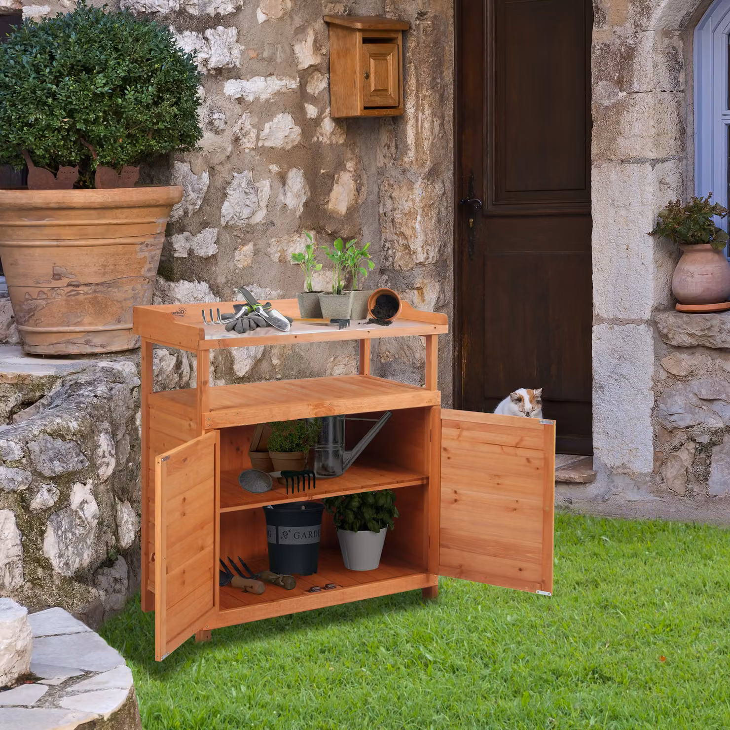 Outsunny Multi-function Potting Bench Table with Storage Cabinet and Galvanised Top in Rustic Brown, W: 98 cm, D: 47 cm, H: 105 cm – 2